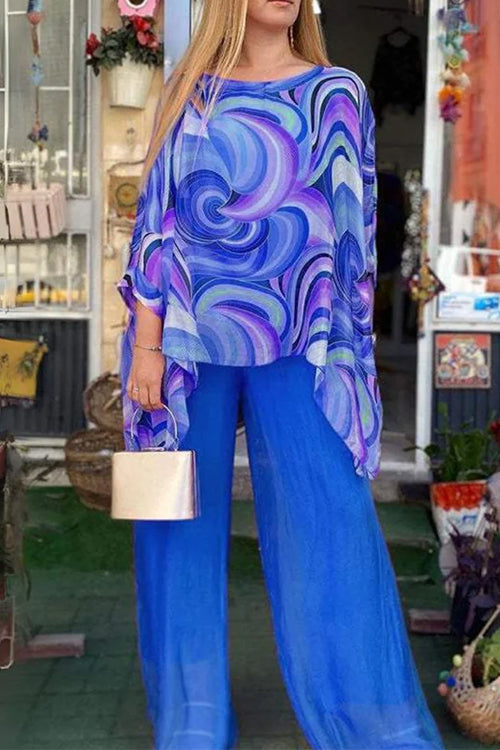 Printed Batwing Sleeves Irregular Top and Wide Leg Pants Chiffon Set Blue