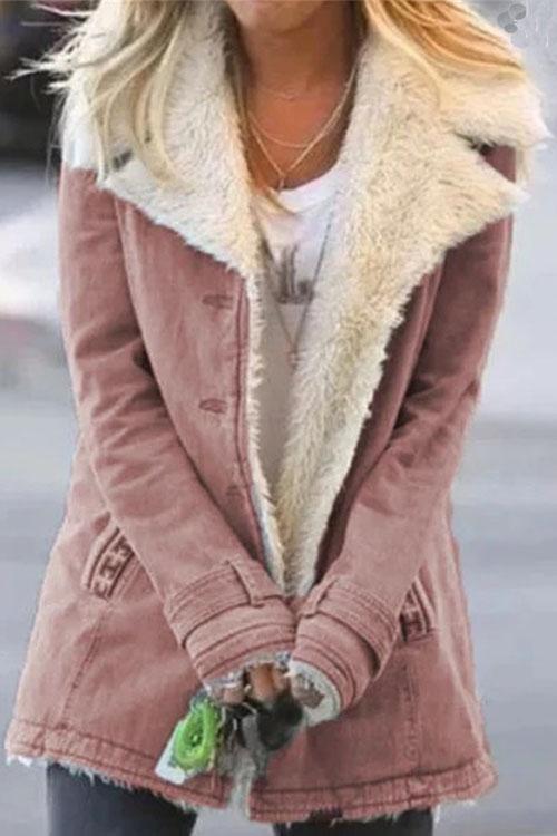 Lapel Button Down Pockets Fleece Lined Jacket Pink