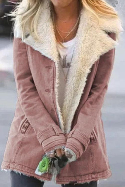 Lapel Button Down Pockets Fleece Lined Jacket Pink