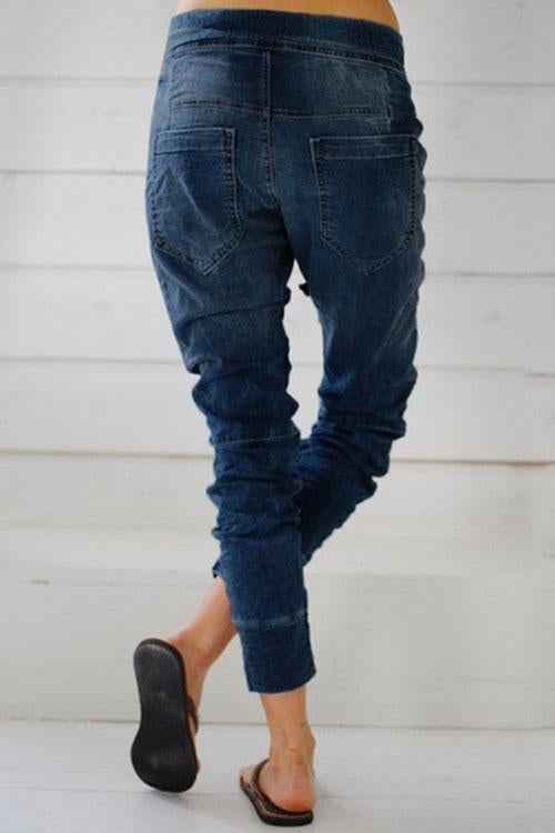 Drawstring Waist Ruched Harem Denim Joggers