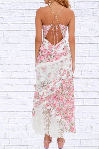 Lace Floral Ruffle Trim Maxi Dress for Women | Elegant Flowy Summer Dress | Romantic Wedding Guest & Vacation Dress