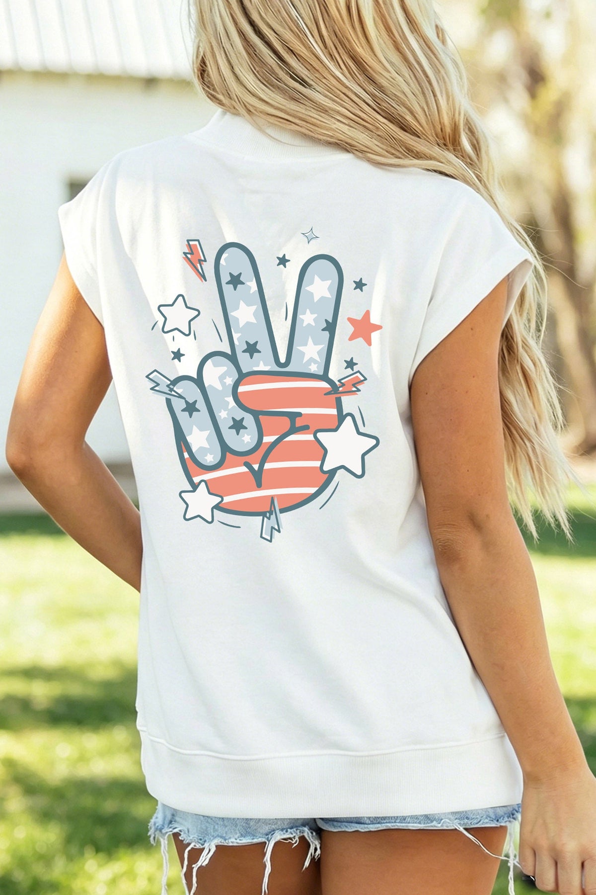 White USA/ Patriotic Victory Double Side Printed Mock Neck Tee