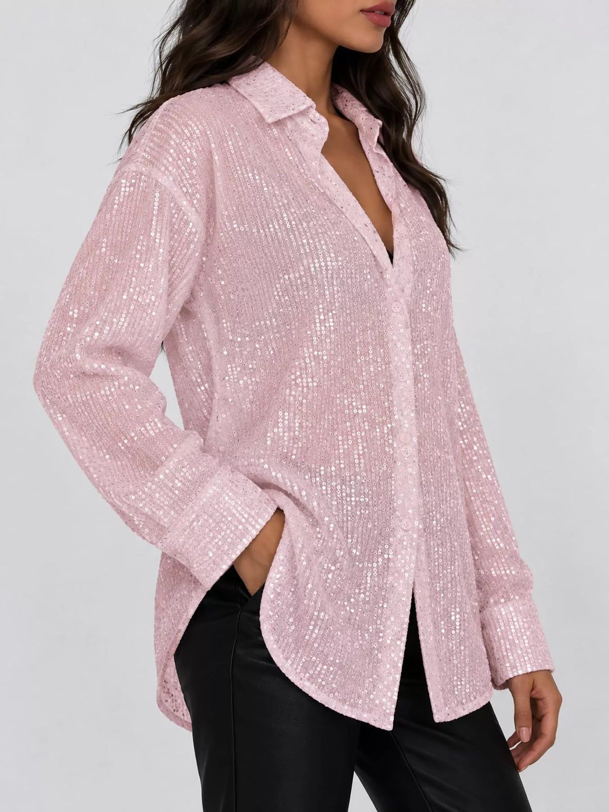 Full Size Sequin Button-Down Shirt Plus Size