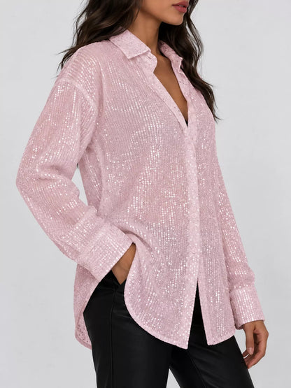 Full Size Sequin Button-Down Shirt Plus Size