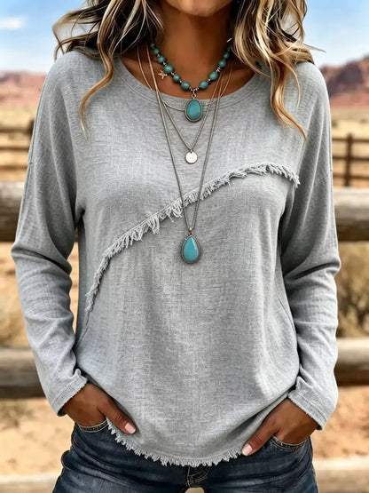 Plus Size Fringe Long Sleeve Top | Relaxed Casual T-Shirt