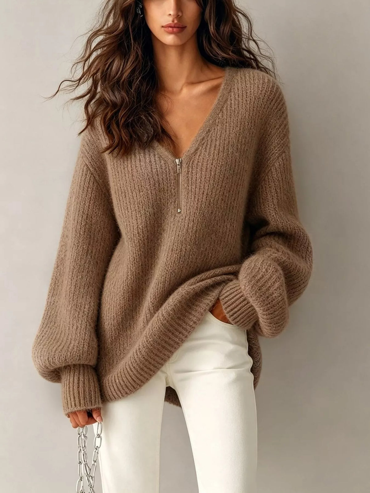 Quarter Zip Dropped Shoulder Sweater