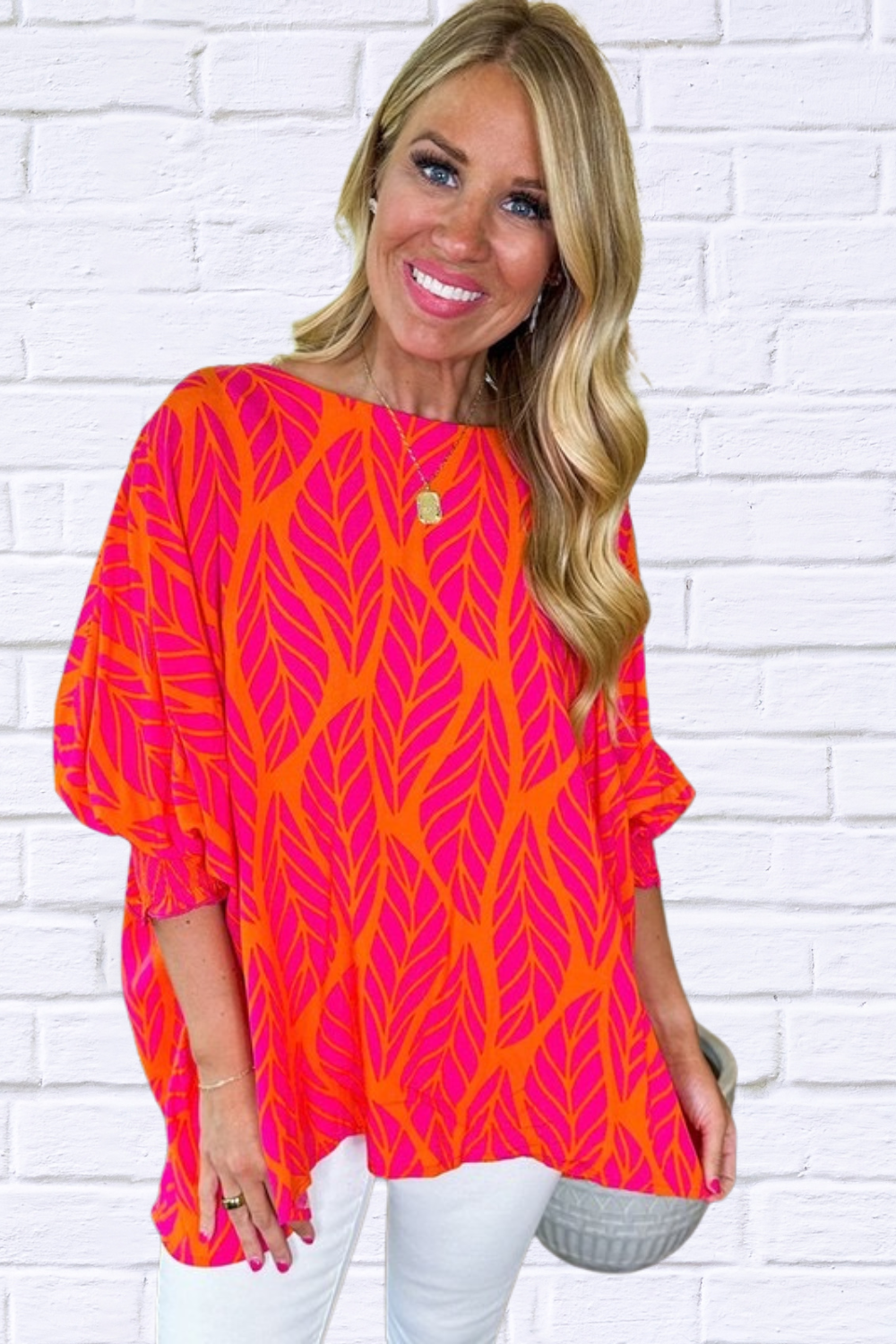 Women Leaf Print Smocked Puff Sleeve Blouse Red S