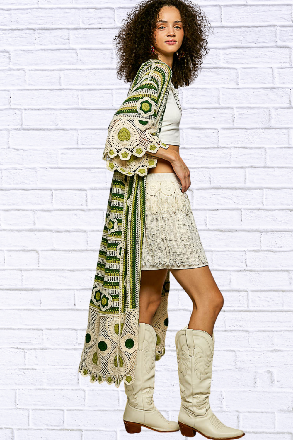 Janice Striped and Floral Pattern Crochet Longline Cardigan