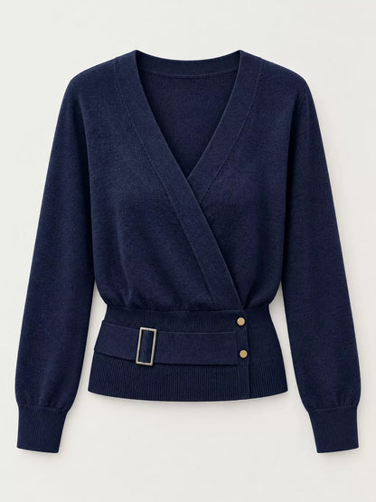 Surplice Elastic Waist Long Sleeve Knit Top