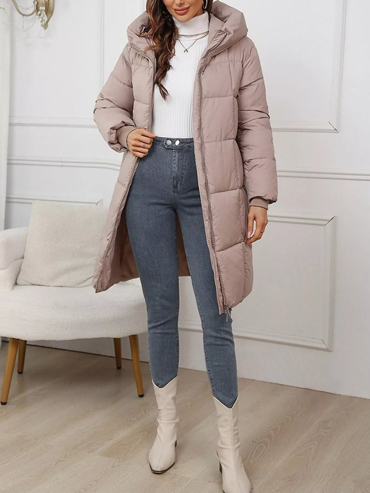 Full Size Zip Up Hooded Longline Puffer Outerwear Plus Size