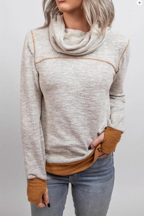 Casual Cowl Neck Color Block Sweatshirt with Thumb Hole Gray