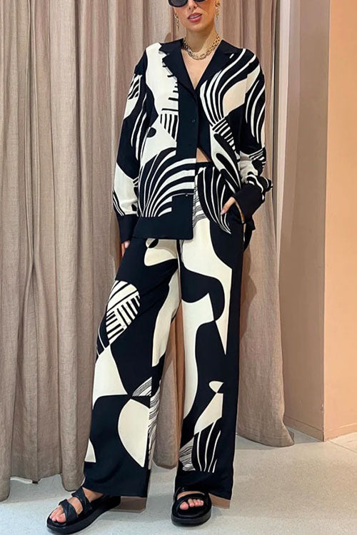 Graphic Printed Long Sleeve Blouse Shirt Wide Leg Pants 2 Pieces Set