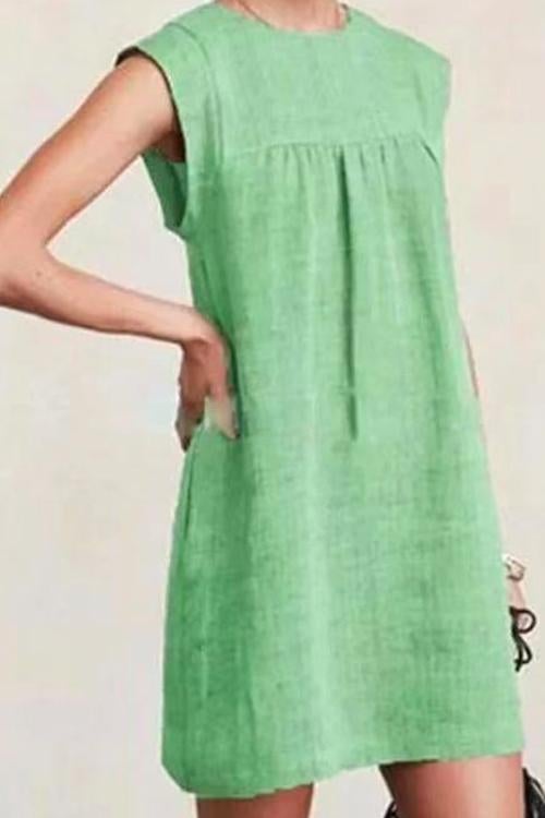 Ruched Short Sleeve Cotton Linen Babydoll Dress Green