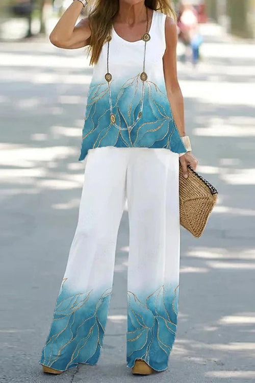 Printed Sleeveless Tank Top and Wide Leg Pants Set Blue