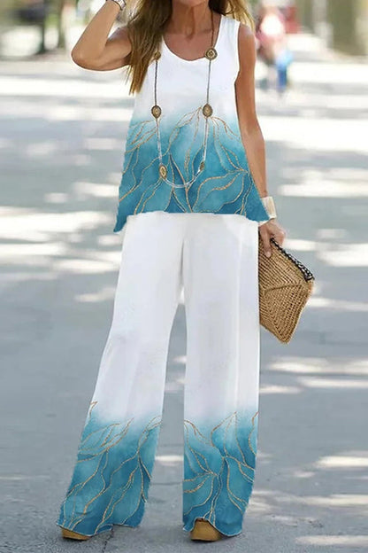 Printed Sleeveless Tank Top and Wide Leg Pants Set Blue