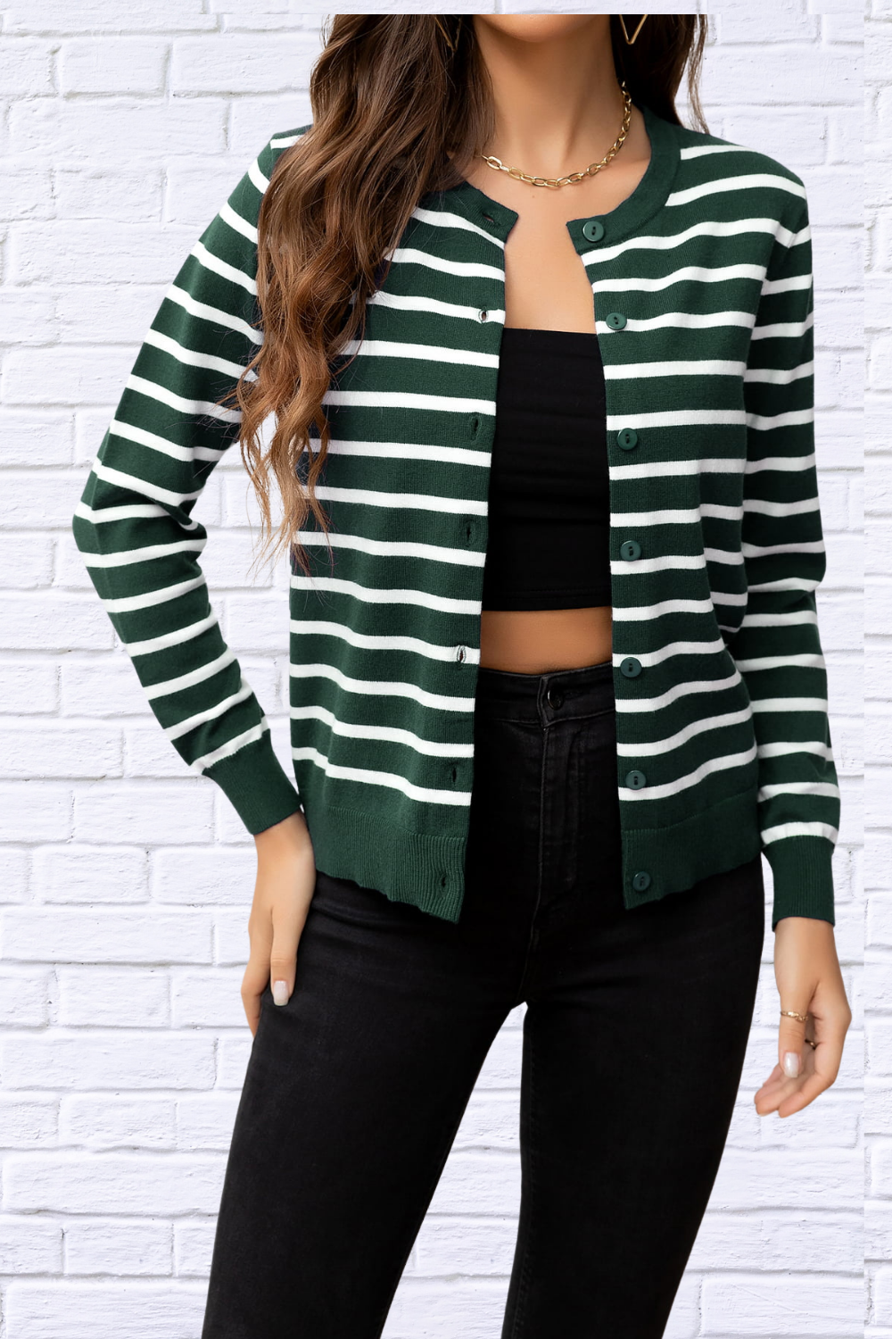 Striped Round Neck Long Sleeve Buttoned Knit Top Green