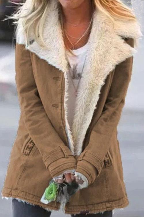 Lapel Button Down Pockets Fleece Lined Jacket Khaki