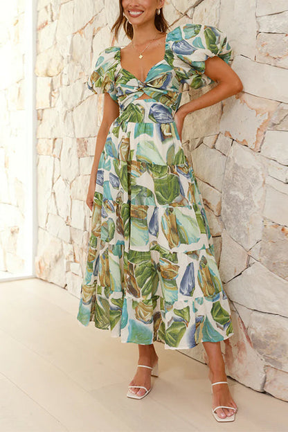 Twist Front Puff Sleeves Ruffle Tiered Printed Maxi Dress Green