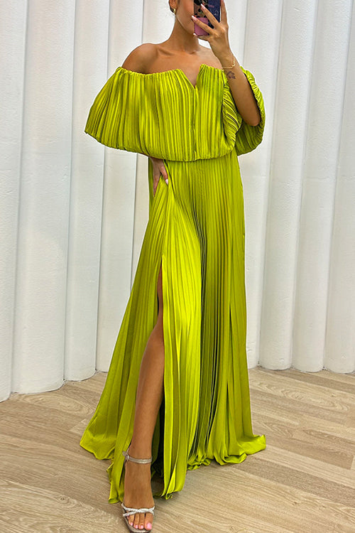 Off Shoulder Waisted High Slit Pleated Maxi Dress Yellow