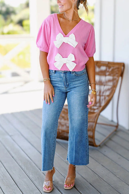 V Neck Short Sleeves Bow Knot Knit Top