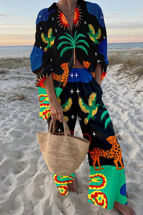 Tropic Print Button Down Blouse Shirt Elastic Waist Wide Leg Pants Vacation Set Black