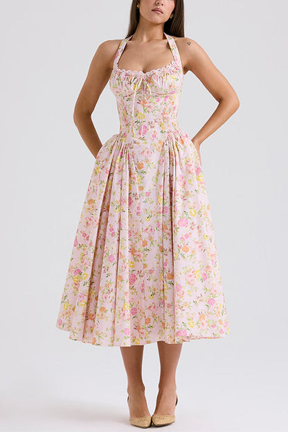 Halter Tie Front Waisted Floral Print Midi Dress