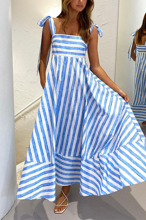 Pocketed Bow Shoulder Striped Swing Maxi Cami Dress LightBlue