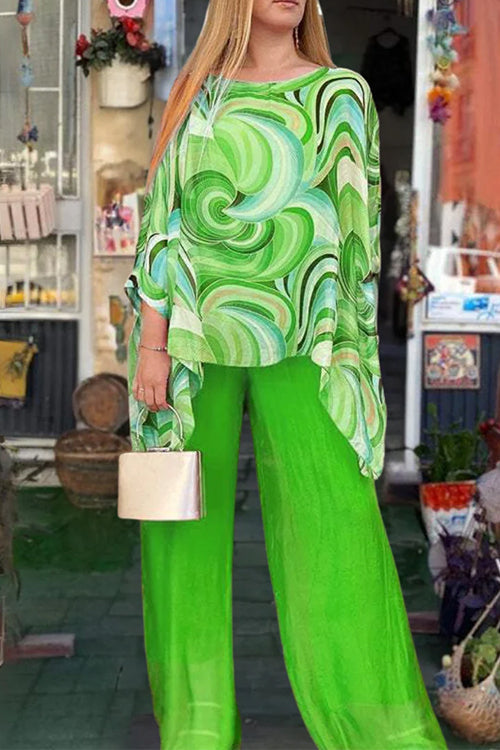 Printed Batwing Sleeves Irregular Top and Wide Leg Pants Chiffon Set Green