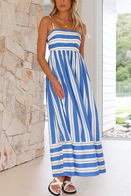 Back Cut Out High Waist Striped Maxi Cami Dress Blue