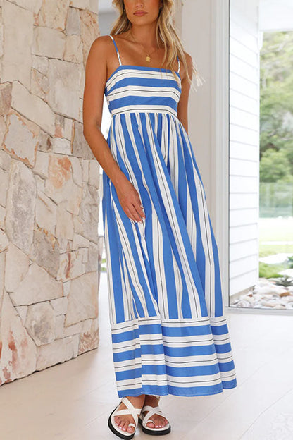 Back Cut Out High Waist Striped Maxi Cami Dress Blue