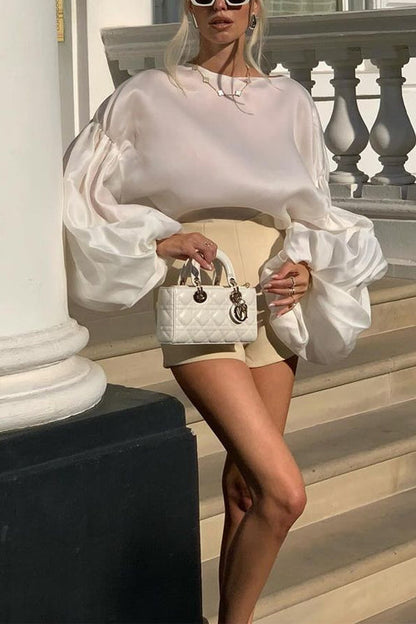 Stylish Boat Neck Puff Sleeves Satin Top