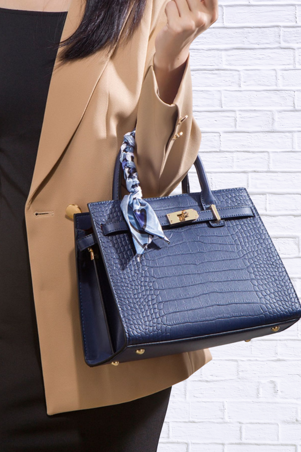 Crocodile Embossed Leather Top Handle Handbag | Chic Bag