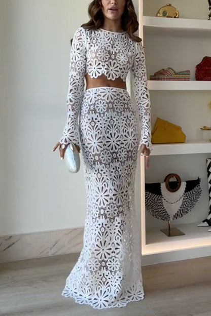 Crochet Lace Cover-up Crop Top and Maxi Skirt Vacation Set