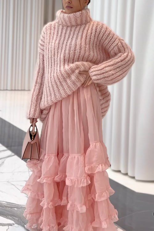 Turtleneck Drop Shoulder Fluffy Pullover Sweater