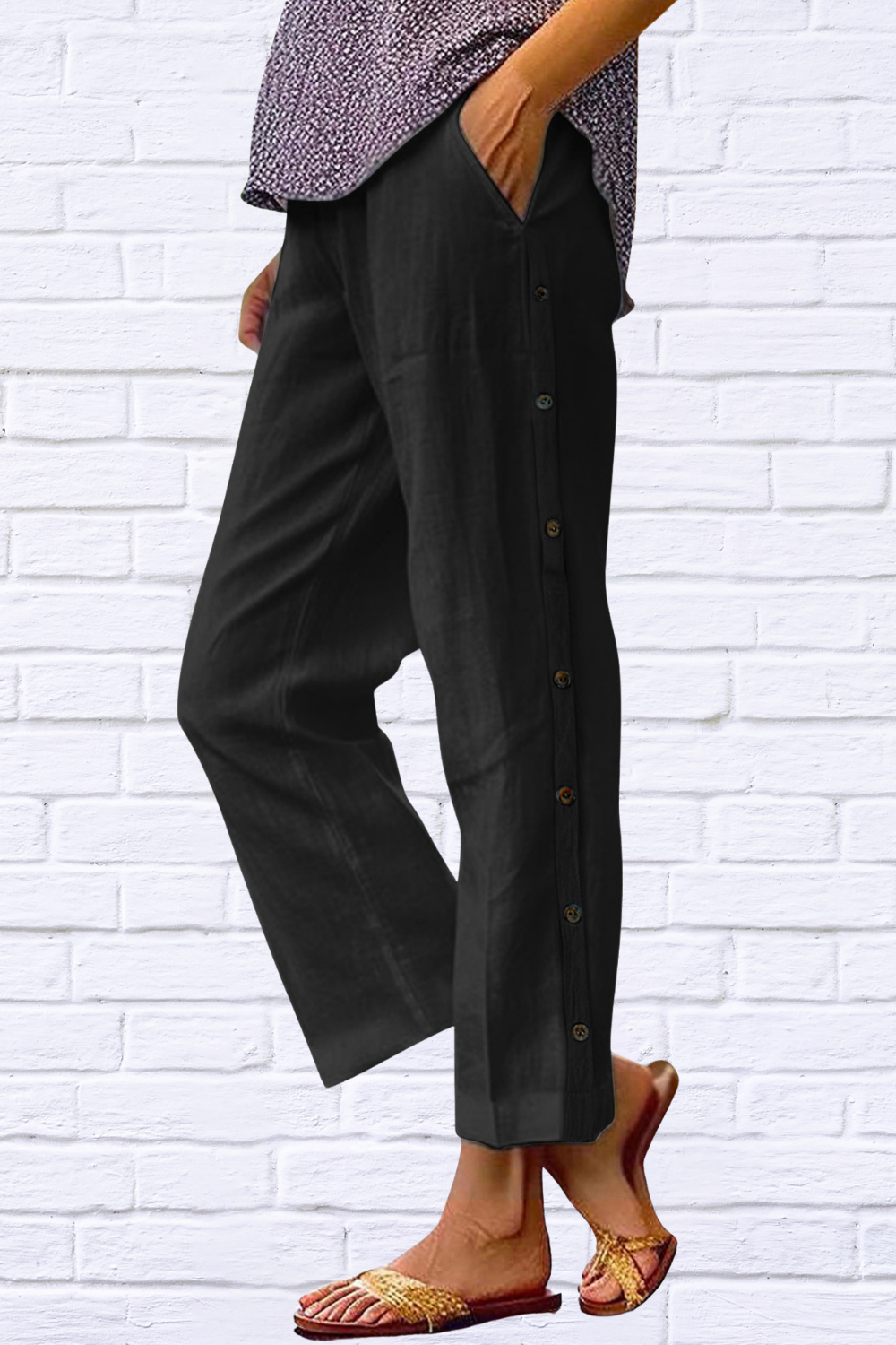 Full Size Side Decor Button Casual Wide Leg Pants Plus Size Black