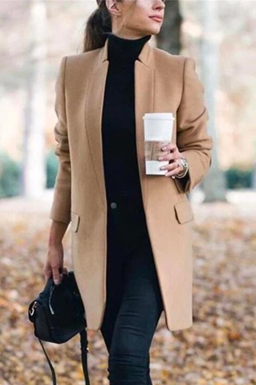 Ellen Stand Collar Open Front Pockets Coat