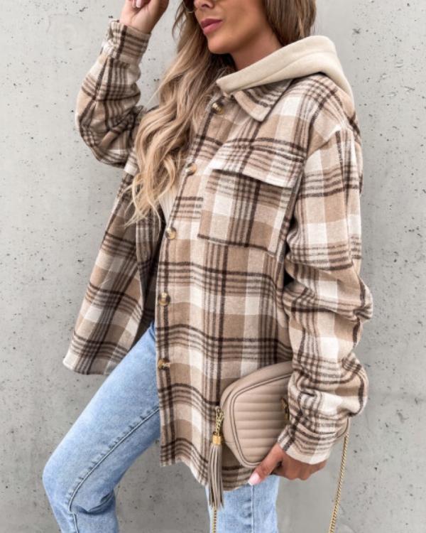 Clidress Hooded Plaid Fashion Shirt Jacket