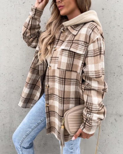 Clidress Hooded Plaid Fashion Shirt Jacket