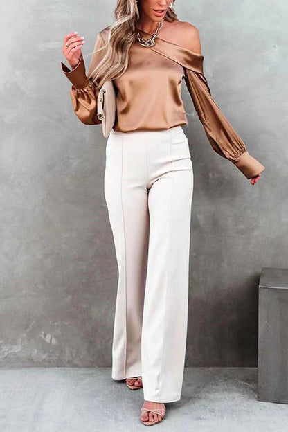 Cold Shoulder Long Sleeve Solid Satin Blouses