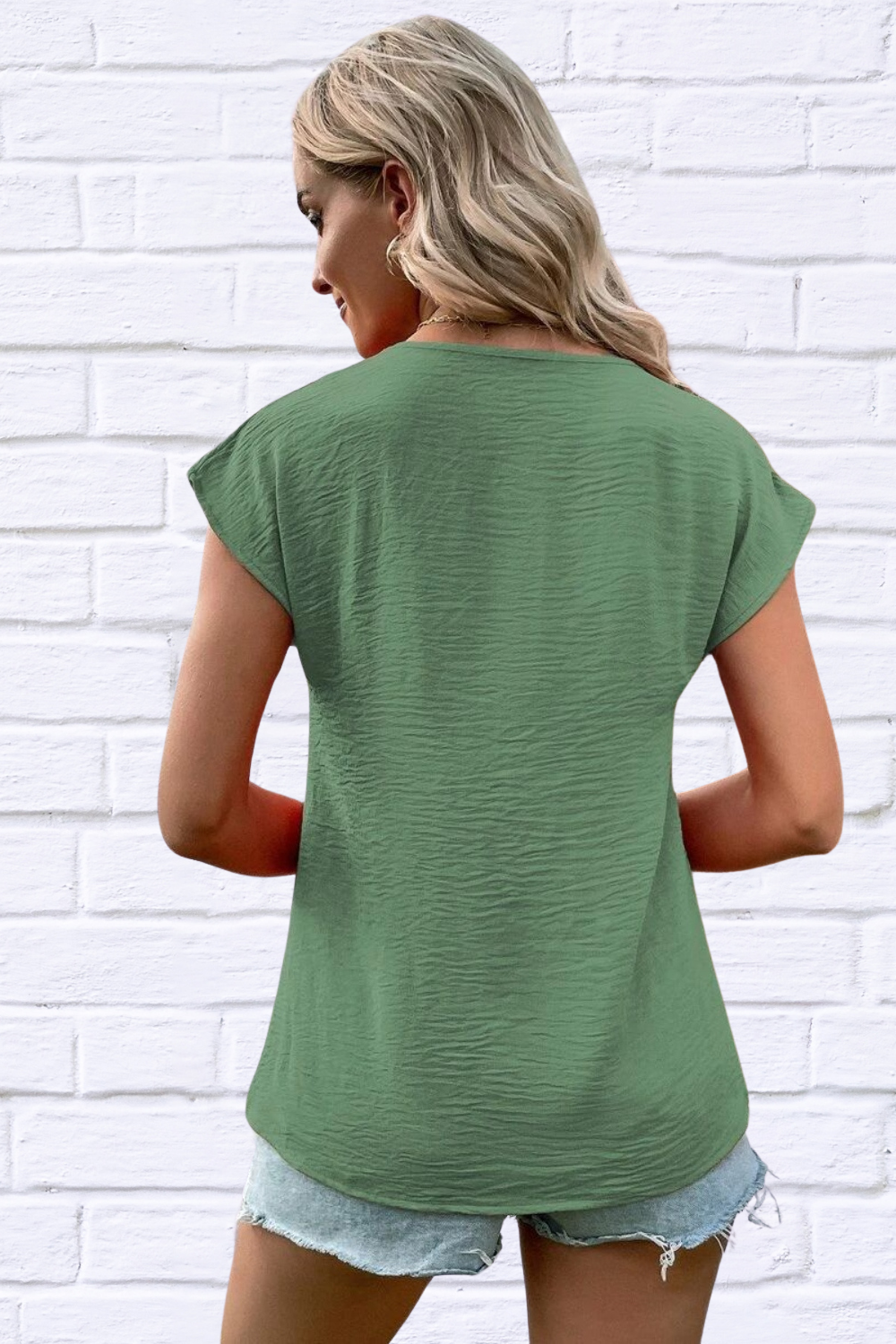 Decorative AirFlow Button V-Neck Short Sleeve Blouse