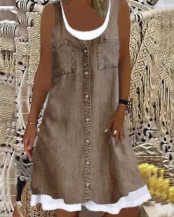 Clidress Denim Look Print Fake Two Piece Mini Dress