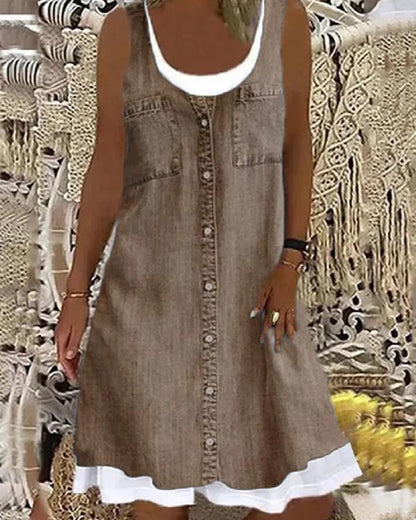 Clidress Denim Look Print Fake Two Piece Mini Dress