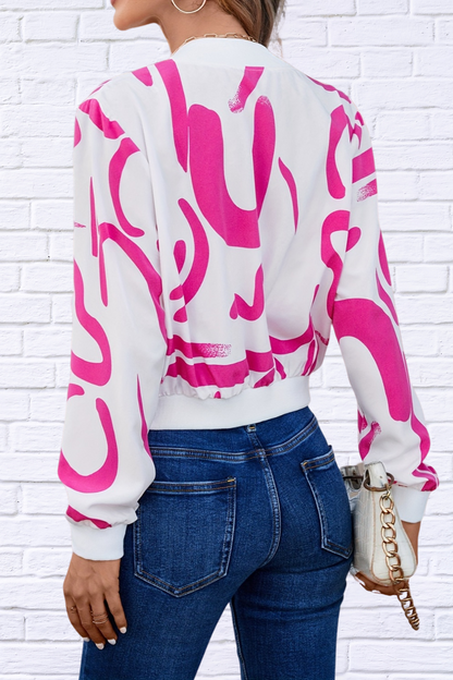 Printed Pink and White Zip Up Cropped Jacket