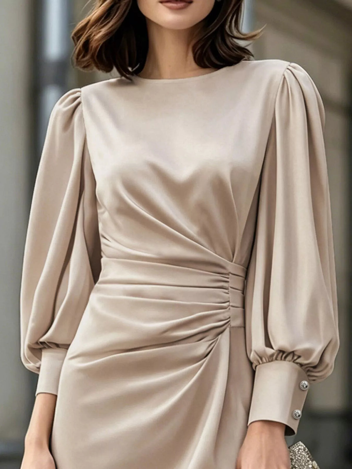 Long Sleeve Satin Ruched Midi Dress