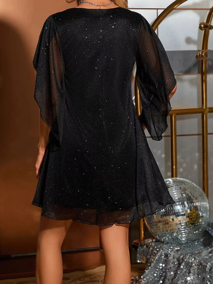 Glittering V-Neck Flutter Sleeve Dress