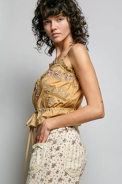 POL Button Down Floral Embroidered Cropped Cami with Lace Detail