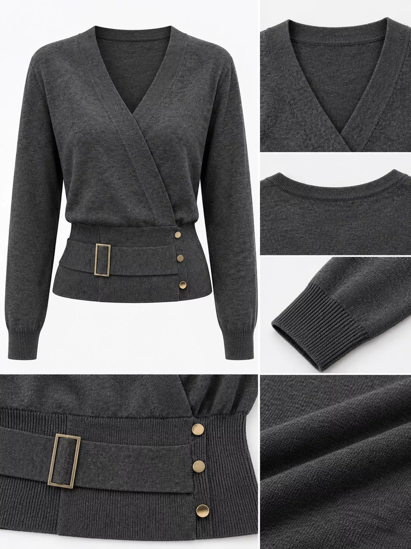 Surplice Elastic Waist Long Sleeve Knit Top