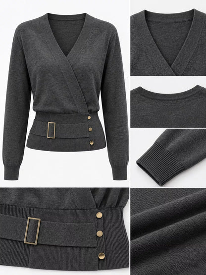 Surplice Elastic Waist Long Sleeve Knit Top