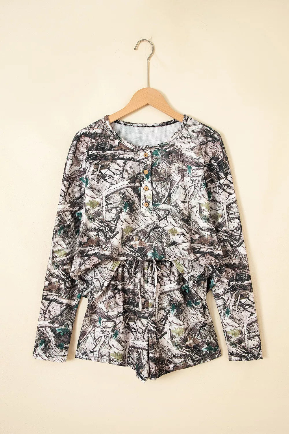 Camo Long Sleeve Top Elastic Waist Shorts Two Piece Set