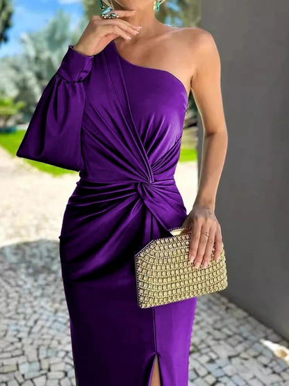 Full Size One-Shoulder Knot Detail Slit Maxi Dress Plus Size